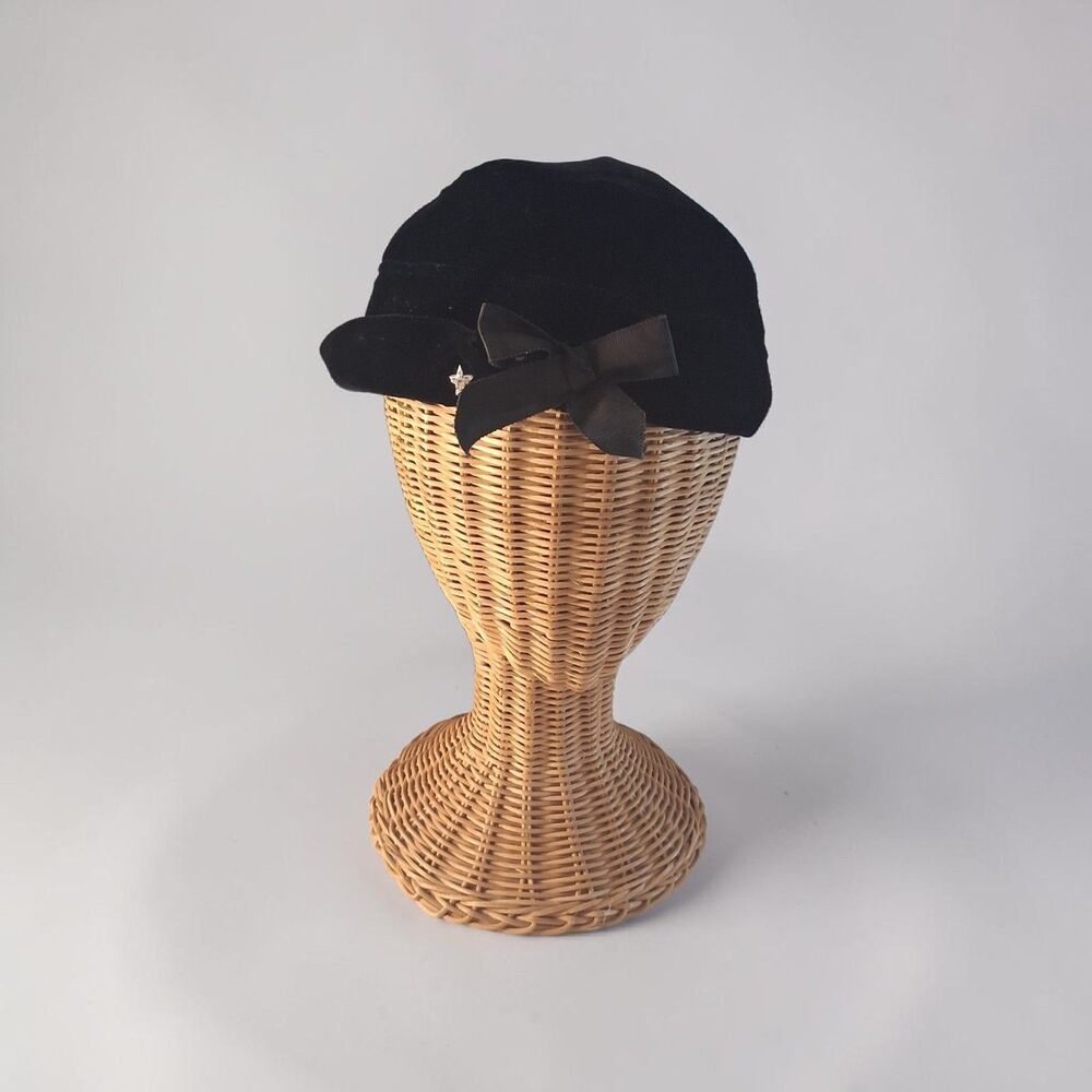 Vintage Black Velvet Cloche Hat With Embelishment, Size 7.5" X 7"